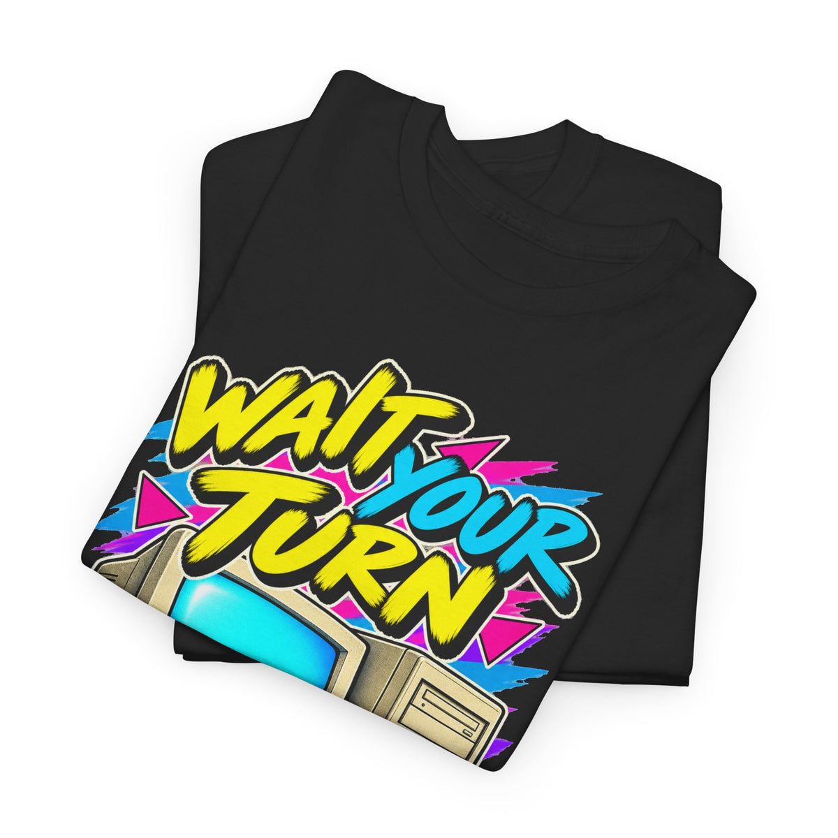 Wait Your Turn to Go Online T-Shirt | Retro Family Computer Nostalgia on a Black T-shirt, view 13 (Color: Black)