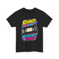 Rewind Before You Start T-Shirt | Retro VHS Cassette Nostalgia on a Black T-shirt, view 2 (Color: Black)