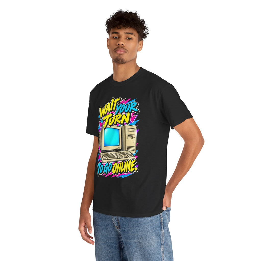 Wait Your Turn to Go Online T-Shirt | Retro Family Computer Nostalgia on a Black T-shirt, view 18 (Color: Black)