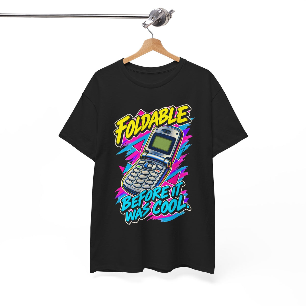 Foldable Before It Was Cool T-Shirt | Retro Flip Phone Nostalgia on a Black T-shirt, view 15 (Color: Black)