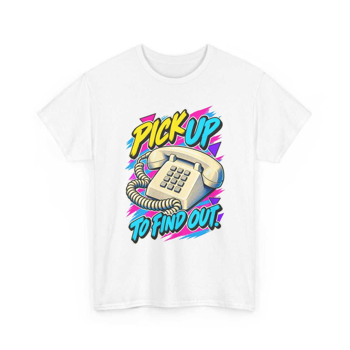 Pick Up to Find Out T-Shirt | Retro Landline Phone Nostalgia on a White T-shirt, view 1 (Color: White)