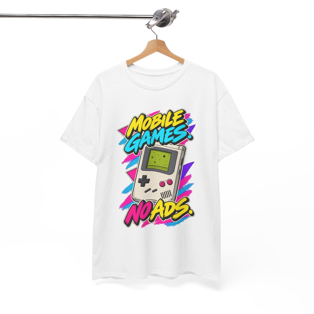 Mobile Games No Ads T-Shirt | Retro Handheld Gaming Nostalgia on a White T-shirt, view 7 (Color: White)