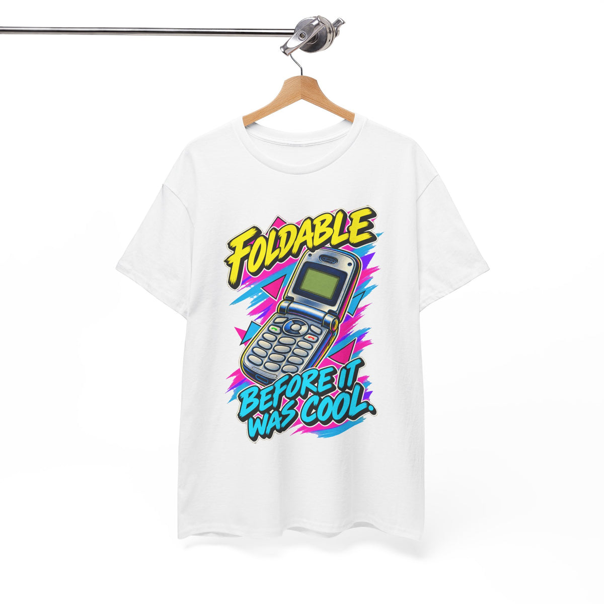 Foldable Before It Was Cool T-Shirt | Retro Flip Phone Nostalgia on a White T-shirt, view 7 (Color: White)