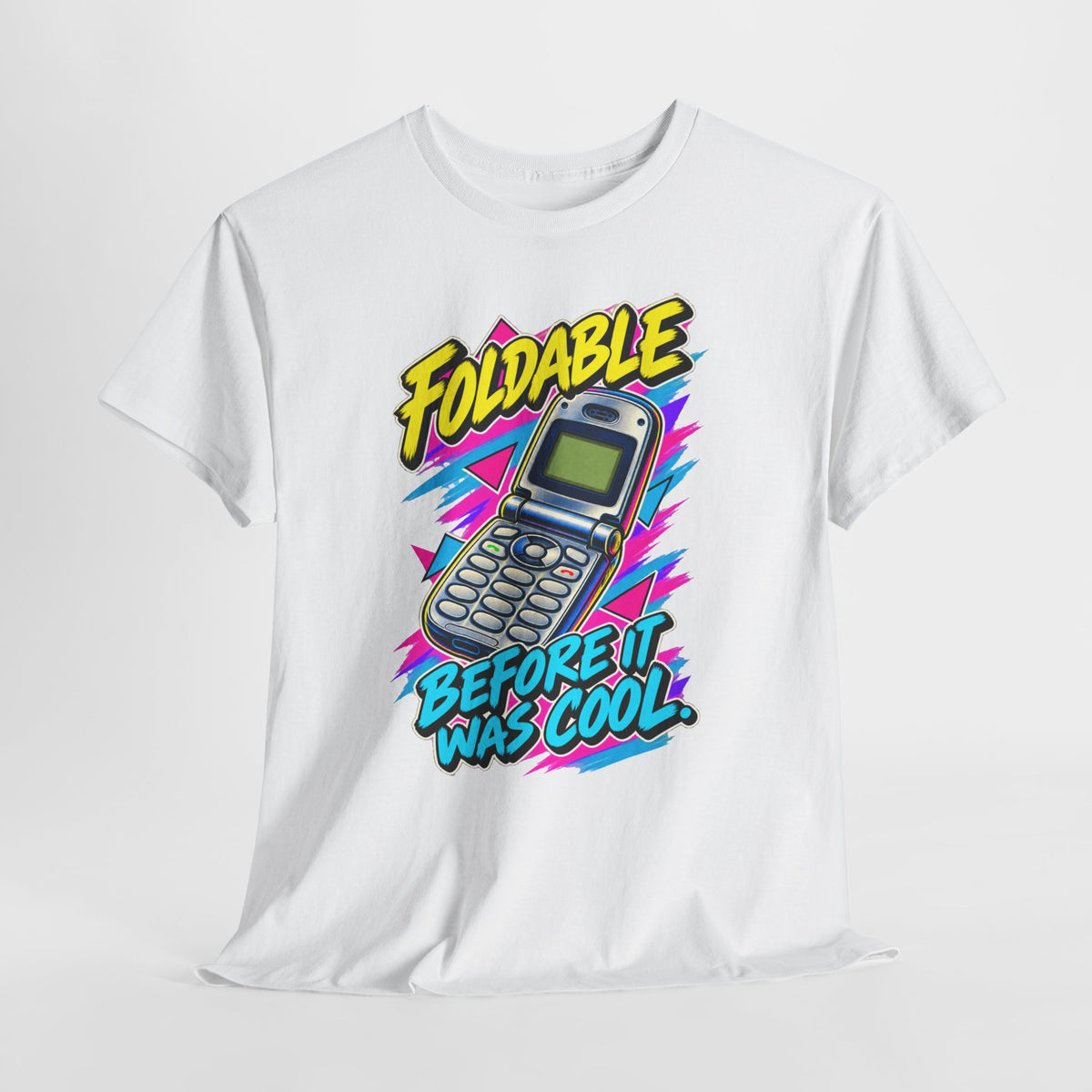 Foldable Before It Was Cool T-Shirt | Retro Flip Phone Nostalgia on a White T-shirt, view 6 (Color: White)