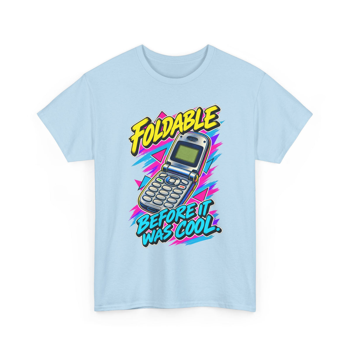 Foldable Before It Was Cool T-Shirt | Retro Flip Phone Nostalgia on a Light Blue T-shirt, view 3 (Color: Light Blue)