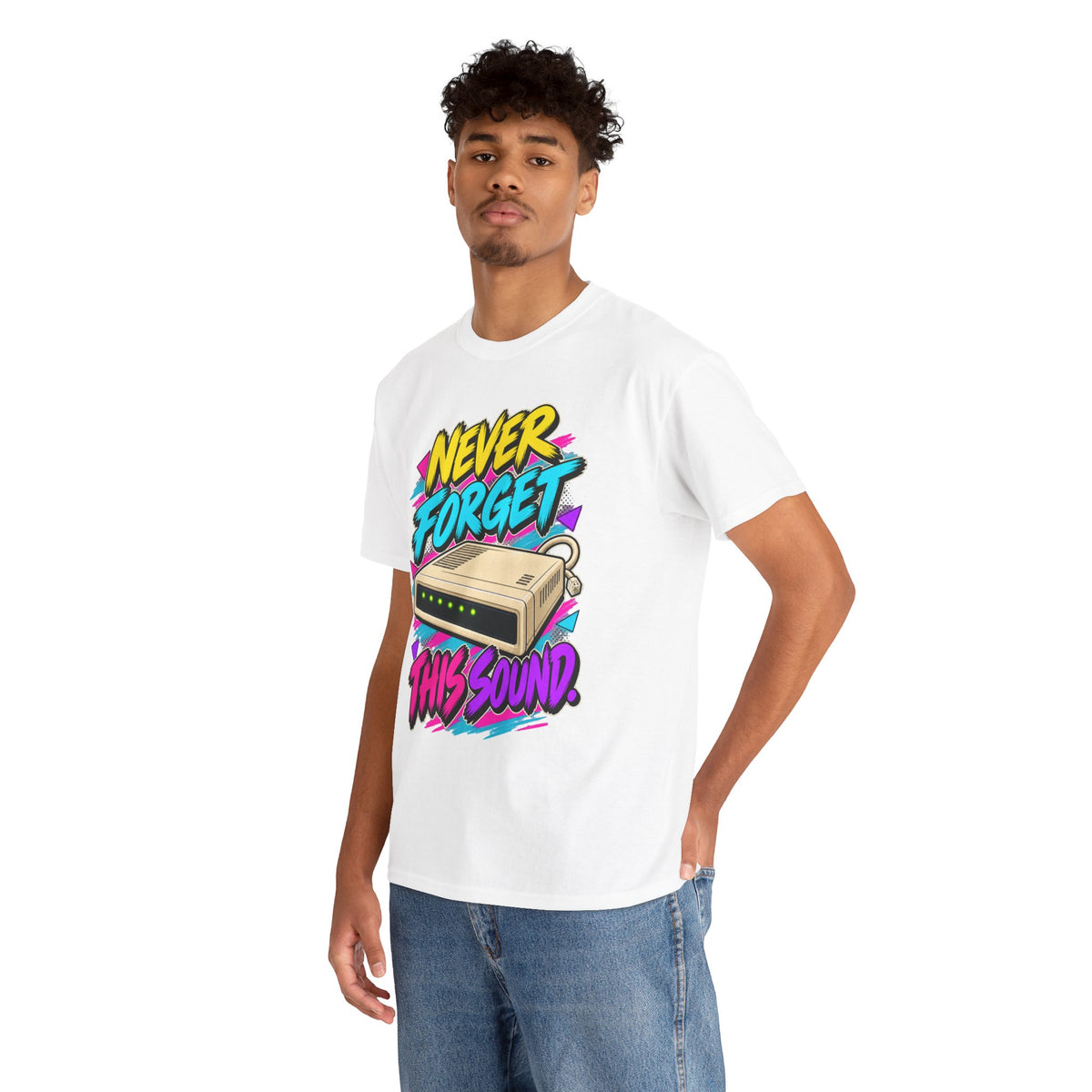 Never Forget This Sound T-Shirt | Retro Dial-Up Modem Nostalgia on a White T-shirt, view 10 (Color: White)