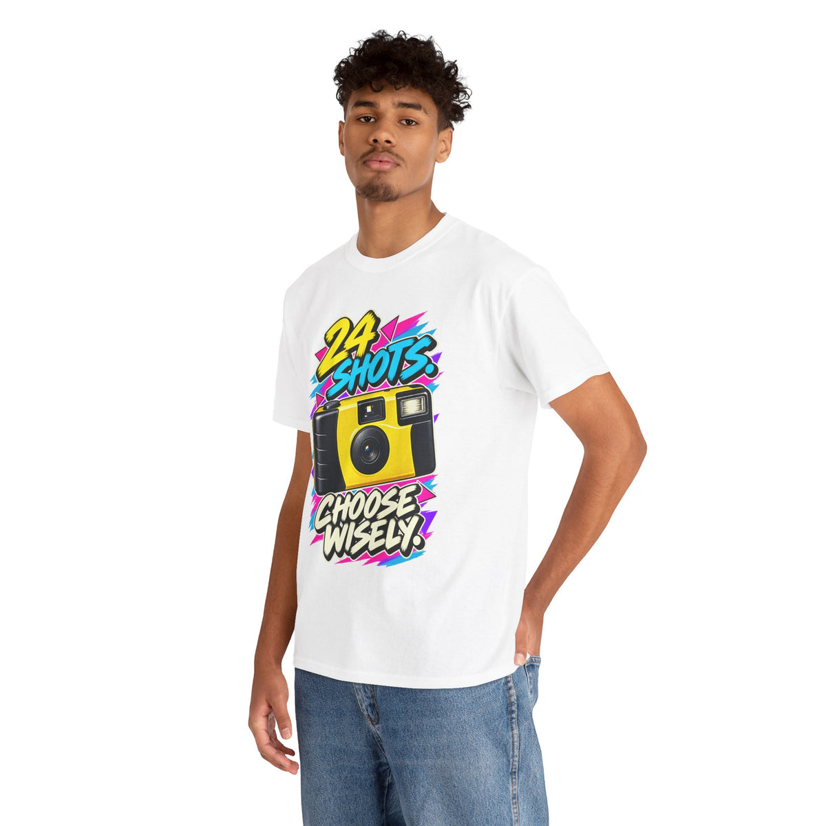 24 Shots Choose Wisely T-Shirt | Retro Disposable Camera Nostalgia on a White T-shirt, view 10 (Color: White)