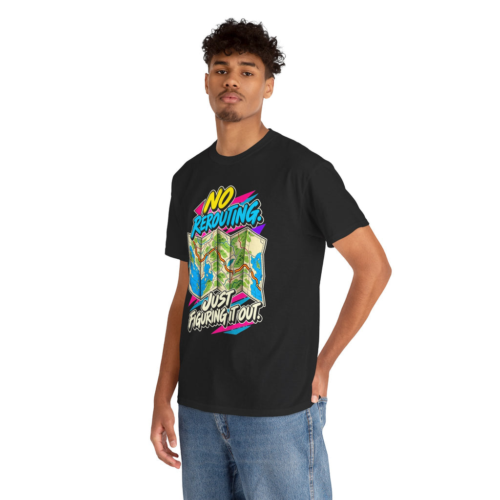 No Rerouting Just Figuring It Out T-Shirt | Retro Road Map Nostalgia on a Black T-shirt, view 18 (Color: Black)