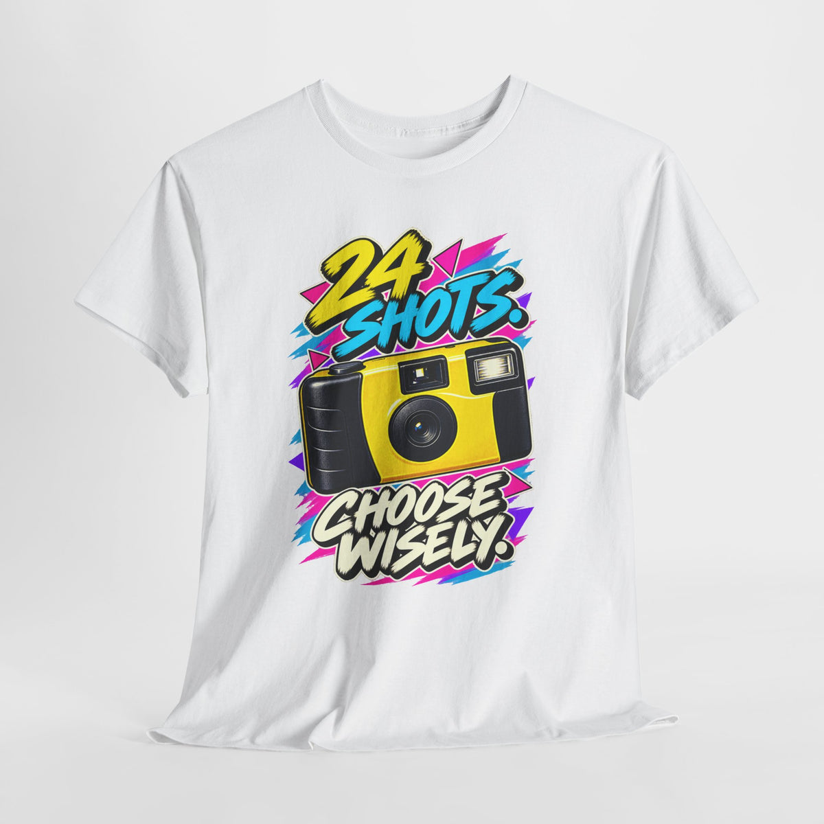 24 Shots Choose Wisely T-Shirt | Retro Disposable Camera Nostalgia on a White T-shirt, view 6 (Color: White)