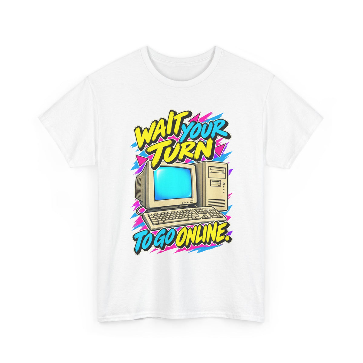 Wait Your Turn to Go Online T-Shirt | Retro Family Computer Nostalgia on a White T-shirt, view 1 (Color: White)