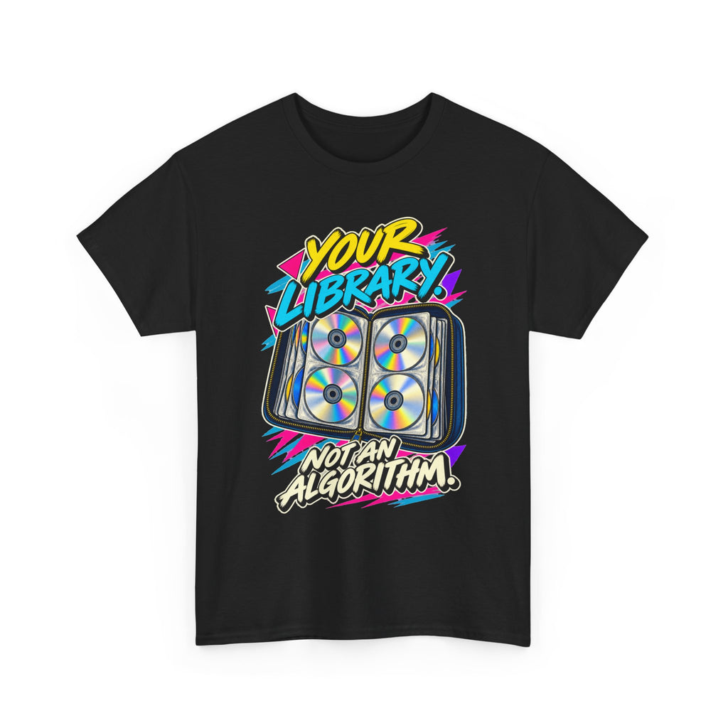 Your Library Not an Algorithm T-Shirt | Retro CD Binder Nostalgia on a Black T-shirt, view 2 (Color: Black)
