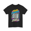 Your Library Not an Algorithm T-Shirt | Retro CD Binder Nostalgia on a Black T-shirt, view 2 (Color: Black)