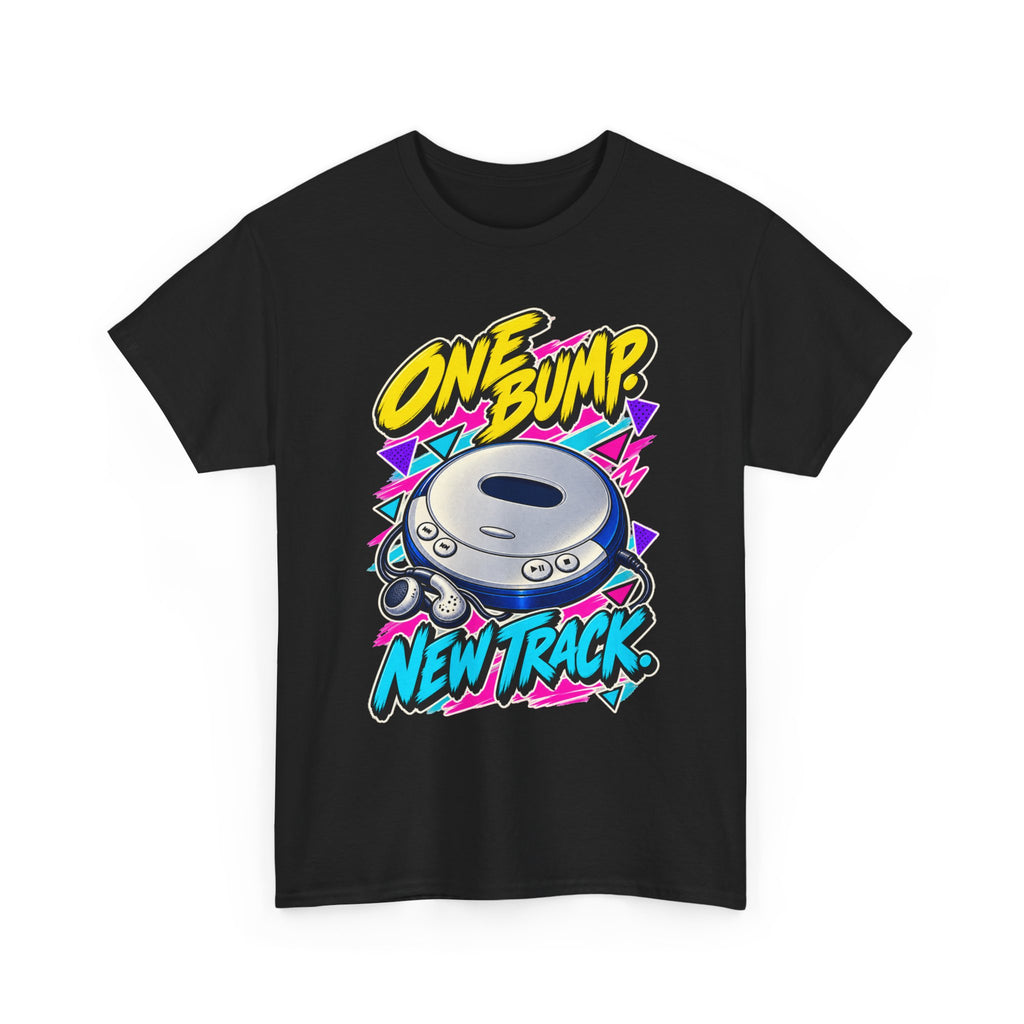 One Bump New Track T-Shirt | Retro CD Walkman Nostalgia on a Black T-shirt, view 2 (Color: Black)