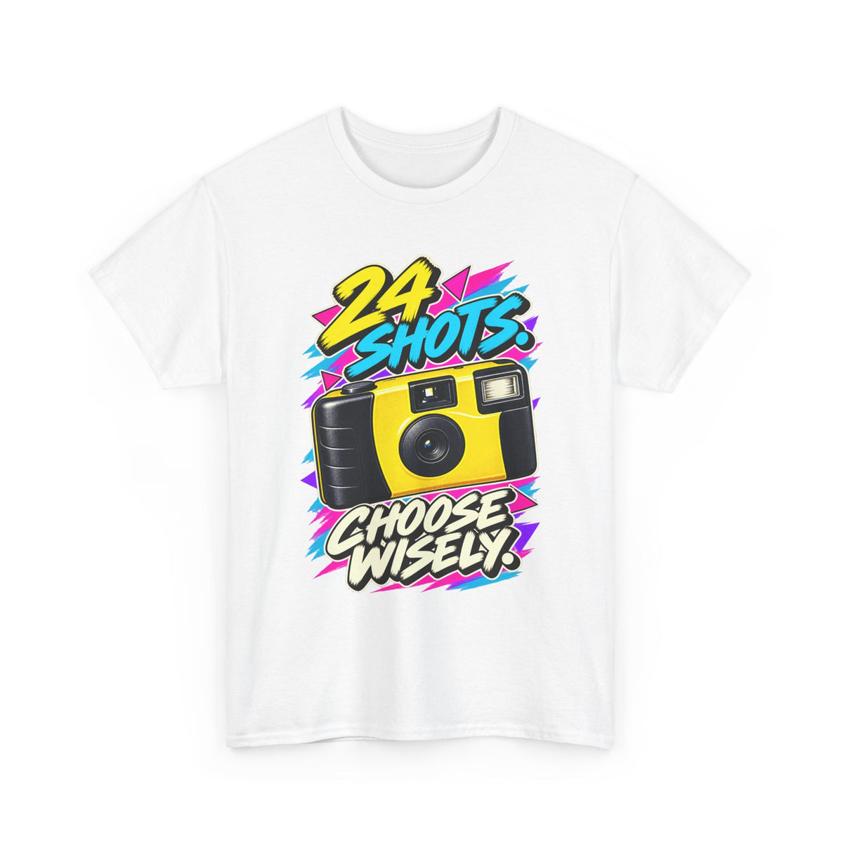 24 Shots Choose Wisely T-Shirt | Retro Disposable Camera Nostalgia on a White T-shirt, view 1 (Color: White)
