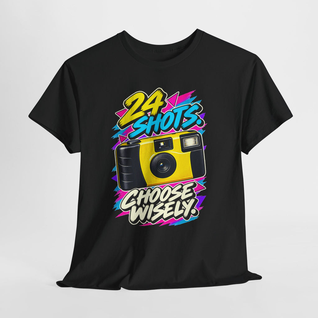 24 Shots Choose Wisely T-Shirt | Retro Disposable Camera Nostalgia on a Black T-shirt, view 24 (Color: Black)