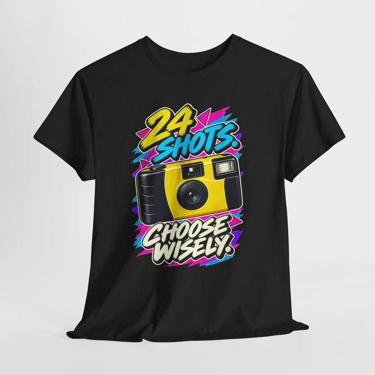 24 Shots Choose Wisely T-Shirt | Retro Disposable Camera Nostalgia on a Black T-shirt, view 24 (Color: Black)