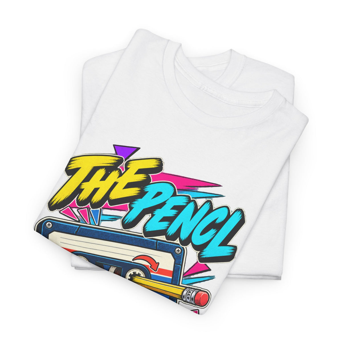 The Pencil Is Not for Writing T-Shirt | Retro Cassette Mixtape Nostalgia on a White T-shirt, view 5 (Color: White)