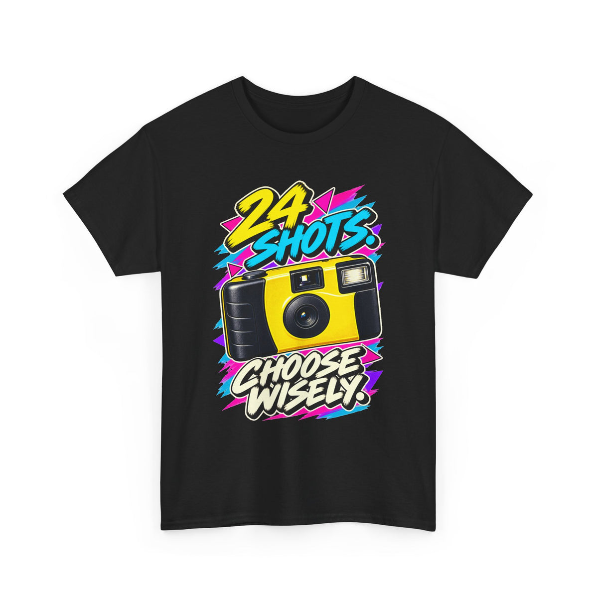 24 Shots Choose Wisely T-Shirt | Retro Disposable Camera Nostalgia on a Black T-shirt, view 3 (Color: Black)