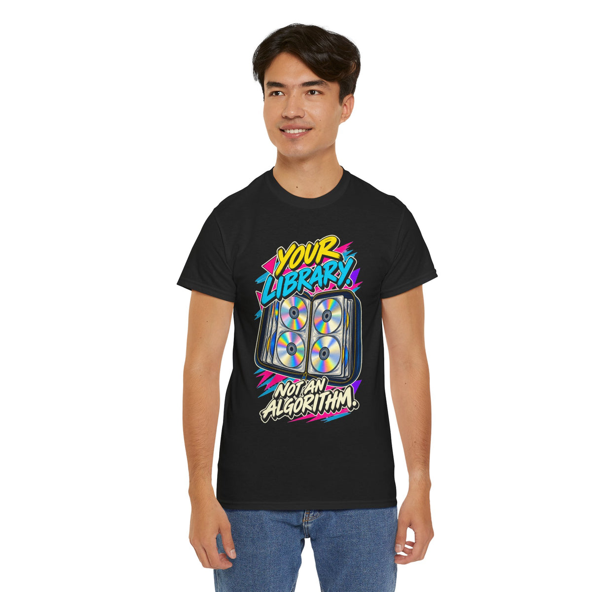 Your Library Not an Algorithm T-Shirt | Retro CD Binder Nostalgia on a Black T-shirt, view 19 (Color: Black)