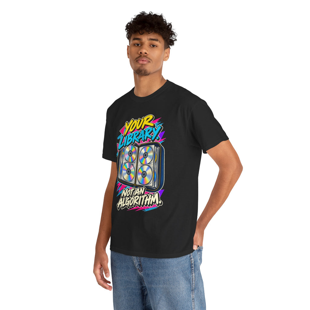Your Library Not an Algorithm T-Shirt | Retro CD Binder Nostalgia on a Black T-shirt, view 18 (Color: Black)