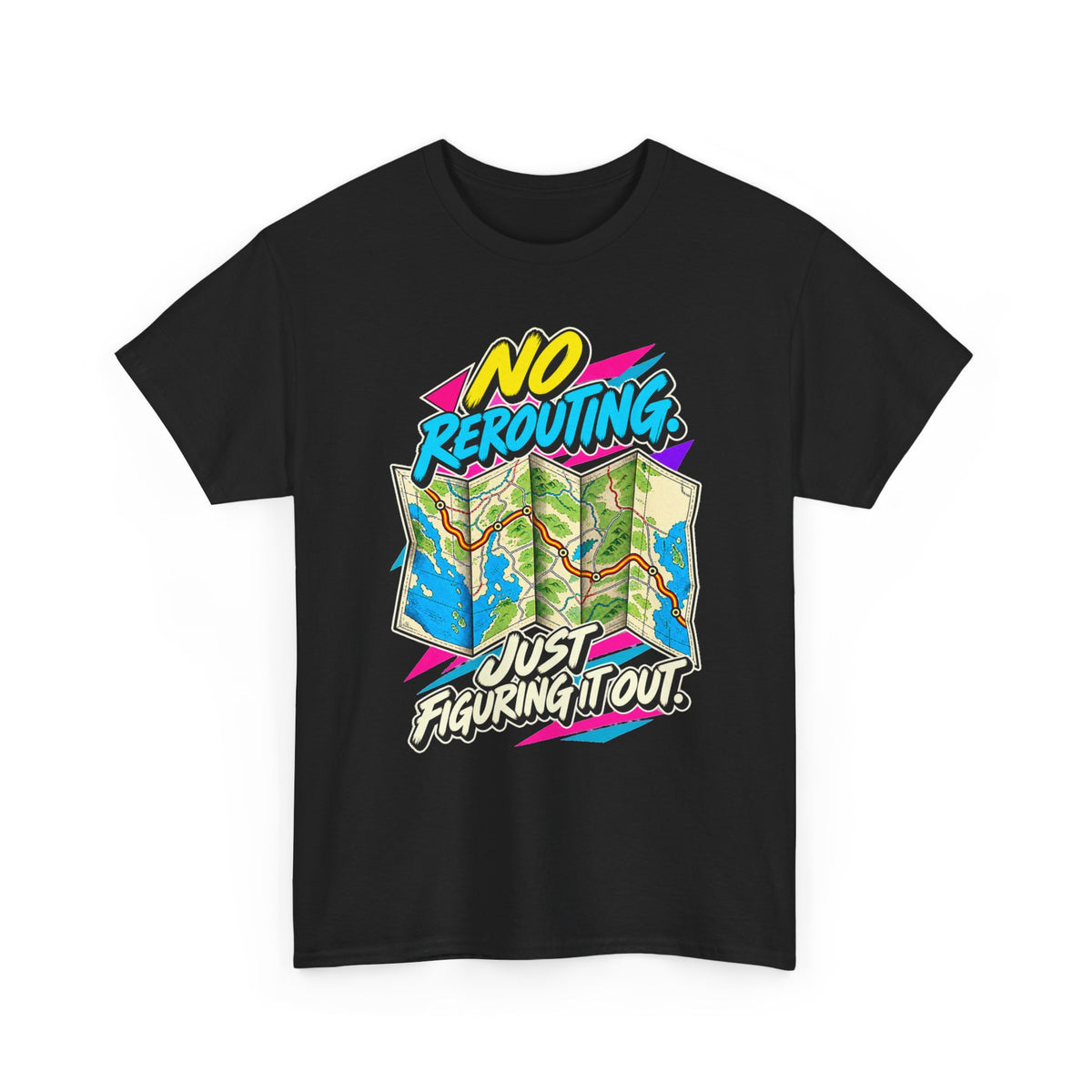 No Rerouting Just Figuring It Out T-Shirt | Retro Road Map Nostalgia on a Black T-shirt, view 2 (Color: Black)