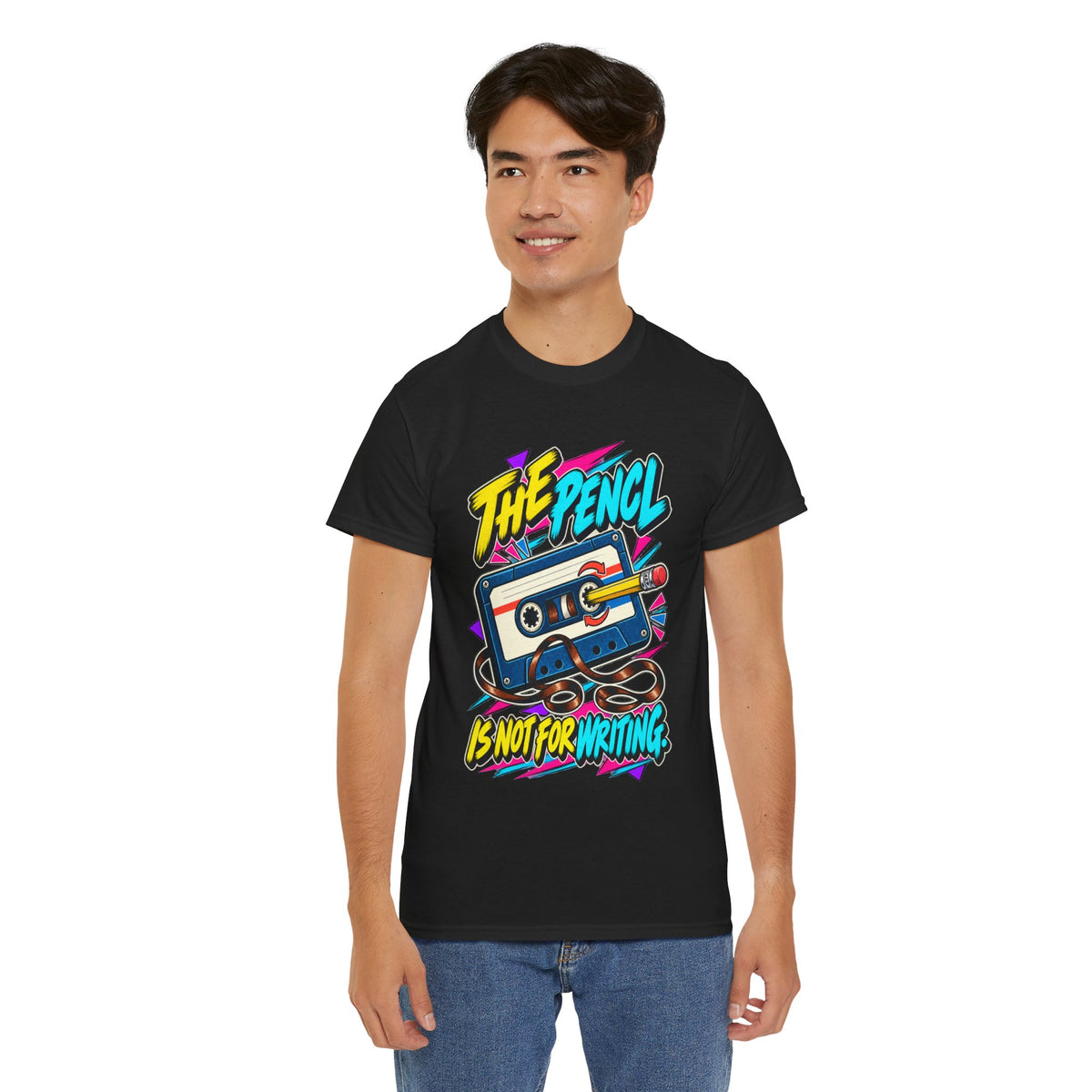 The Pencil Is Not for Writing T-Shirt | Retro Cassette Mixtape Nostalgia on a Black T-shirt, view 18 (Color: Black)