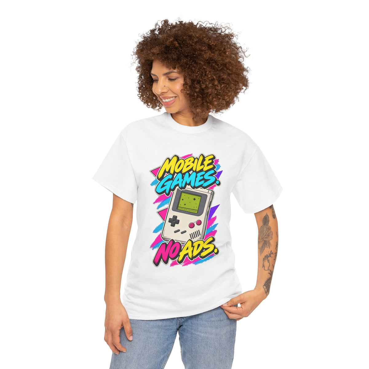 Mobile Games No Ads T-Shirt | Retro Handheld Gaming Nostalgia on a White T-shirt, view 8 (Color: White)