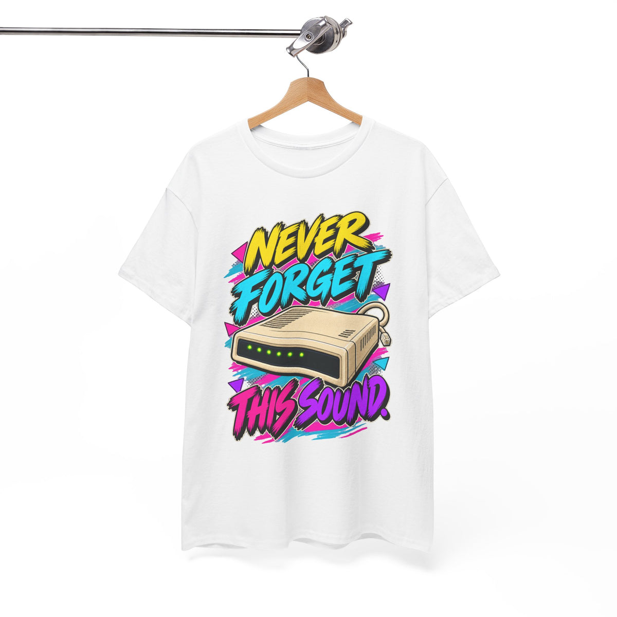 Never Forget This Sound T-Shirt | Retro Dial-Up Modem Nostalgia on a White T-shirt, view 7 (Color: White)