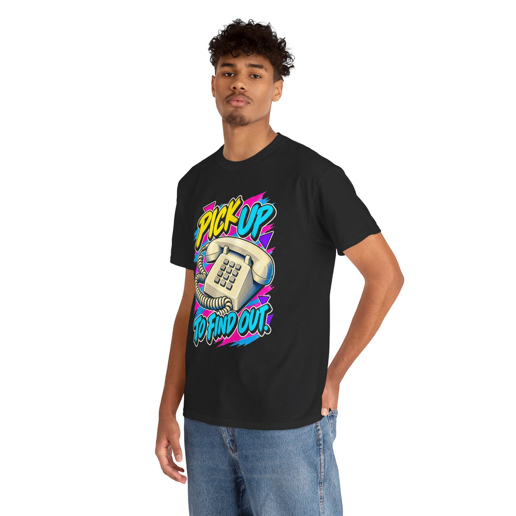 Pick Up to Find Out T-Shirt | Retro Landline Phone Nostalgia on a Black T-shirt, view 18 (Color: Black)