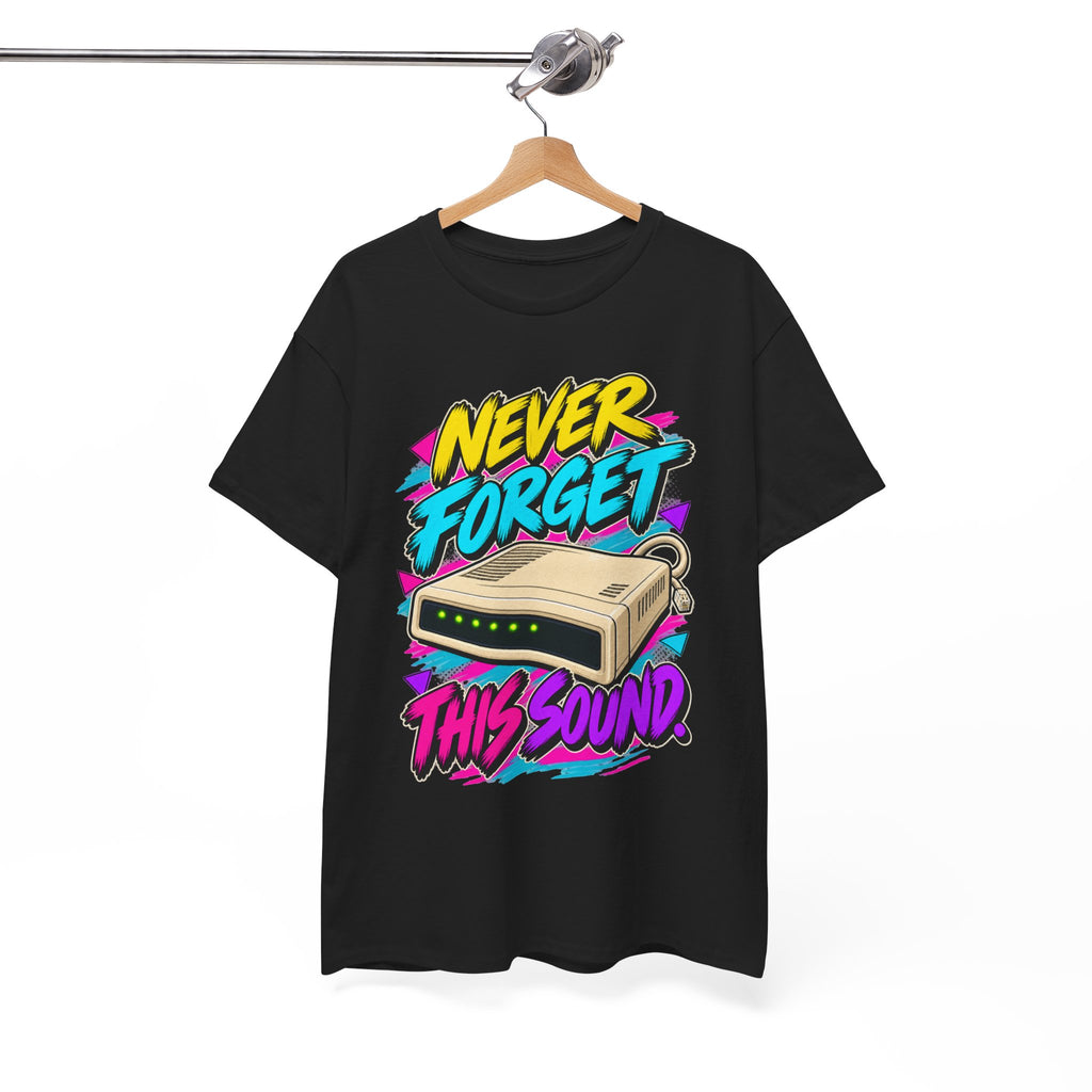 Never Forget This Sound T-Shirt | Retro Dial-Up Modem Nostalgia on a Black T-shirt, view 25 (Color: Black)