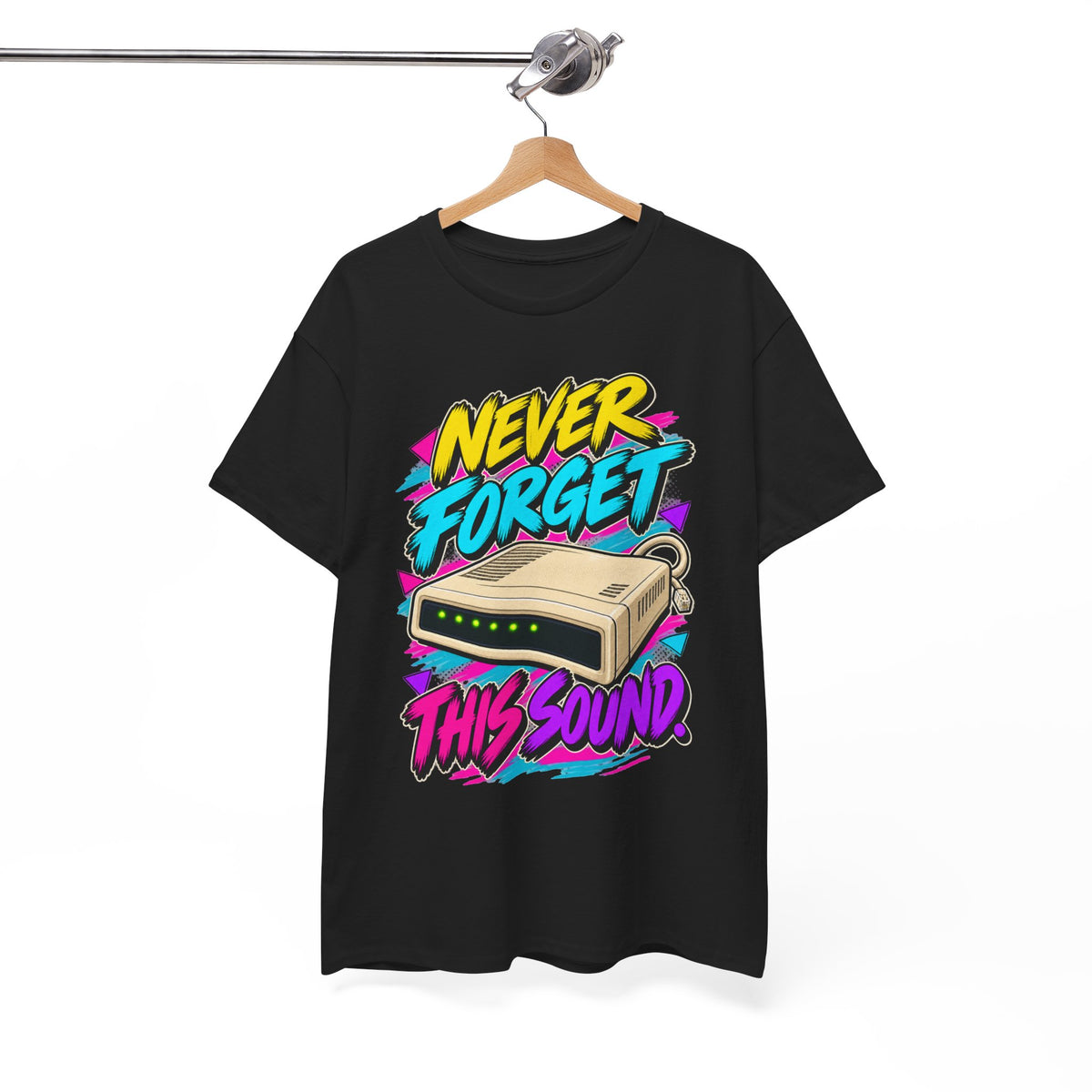 Never Forget This Sound T-Shirt | Retro Dial-Up Modem Nostalgia on a Black T-shirt, view 25 (Color: Black)