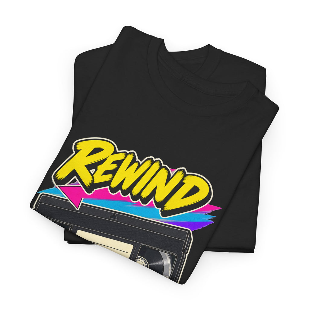 Rewind Before You Start T-Shirt | Retro VHS Cassette Nostalgia on a Black T-shirt, view 13 (Color: Black)