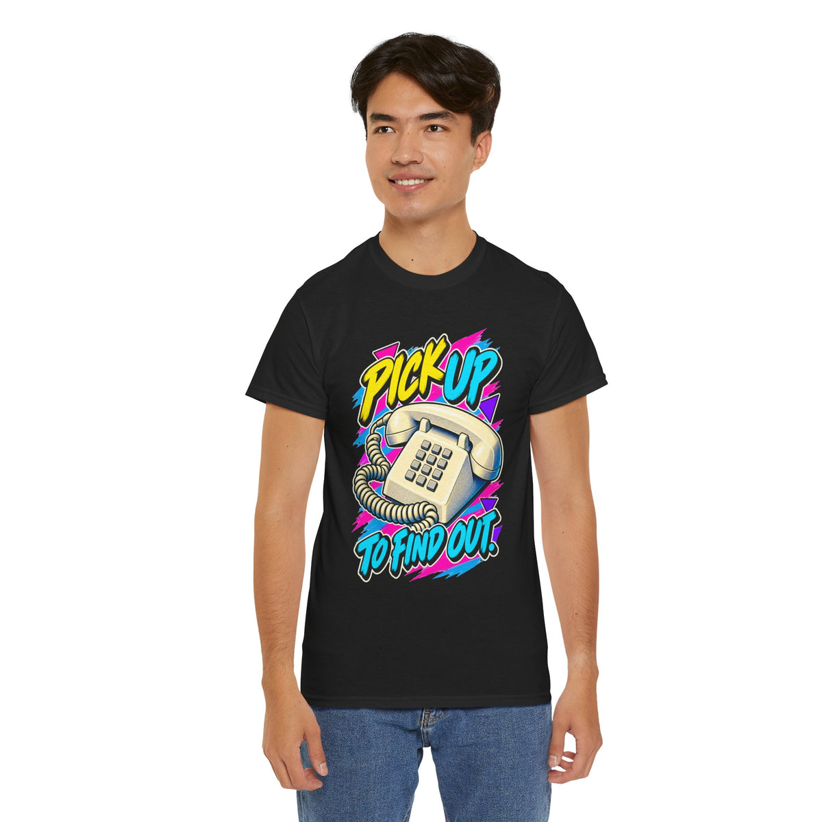 Pick Up to Find Out T-Shirt | Retro Landline Phone Nostalgia on a Black T-shirt, view 19 (Color: Black)