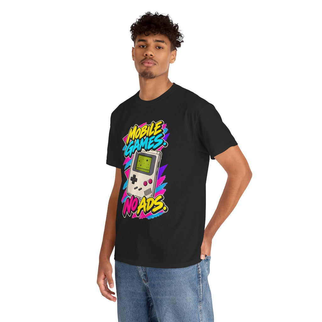 Mobile Games No Ads T-Shirt | Retro Handheld Gaming Nostalgia on a Black T-shirt, view 17 (Color: Black)