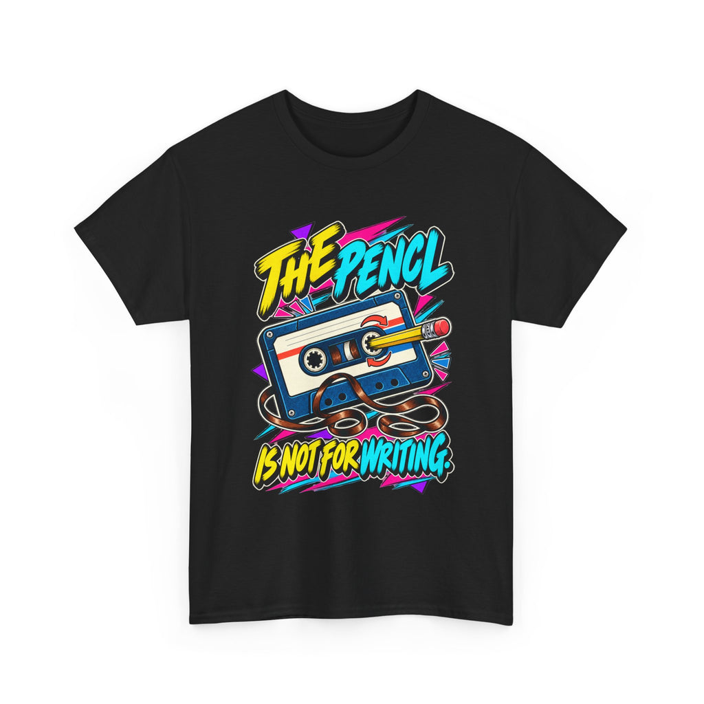 The Pencil Is Not for Writing T-Shirt | Retro Cassette Mixtape Nostalgia on a Black T-shirt, view 2 (Color: Black)