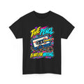 The Pencil Is Not for Writing T-Shirt | Retro Cassette Mixtape Nostalgia on a Black T-shirt, view 2 (Color: Black)