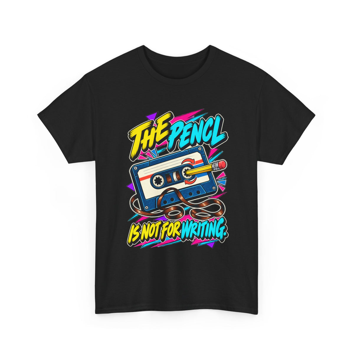 The Pencil Is Not for Writing T-Shirt | Retro Cassette Mixtape Nostalgia on a Black T-shirt, view 2 (Color: Black)