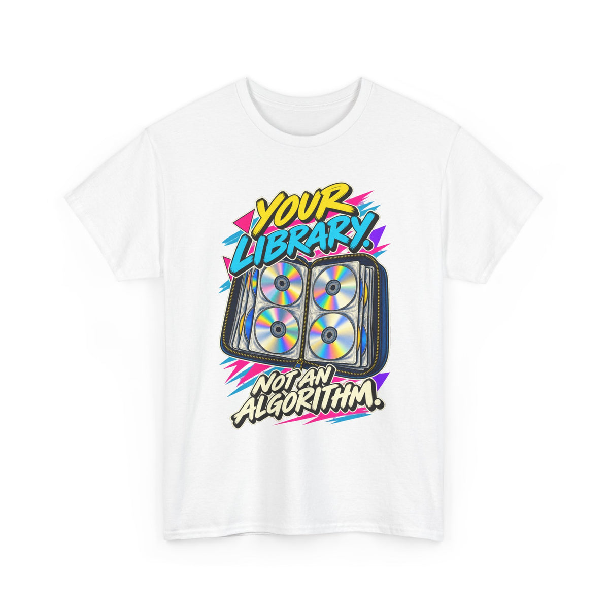 Your Library Not an Algorithm T-Shirt | Retro CD Binder Nostalgia on a White T-shirt, view 1 (Color: White)