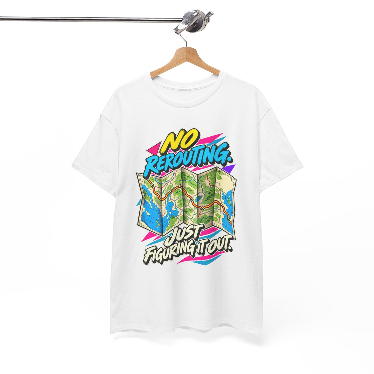 No Rerouting Just Figuring It Out T-Shirt | Retro Road Map Nostalgia on a White T-shirt, view 7 (Color: White)