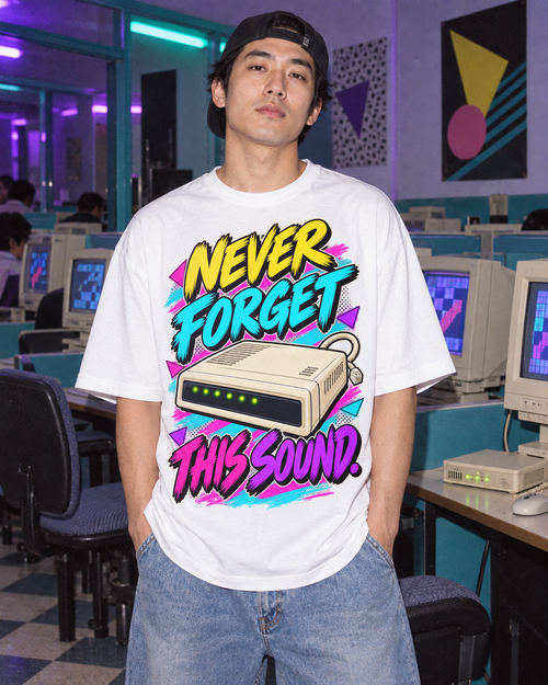 Lifestyle photo: Never Forget This Sound T-Shirt | Retro Dial-Up Modem Nostalgia on a White T-shirt (Color: White)