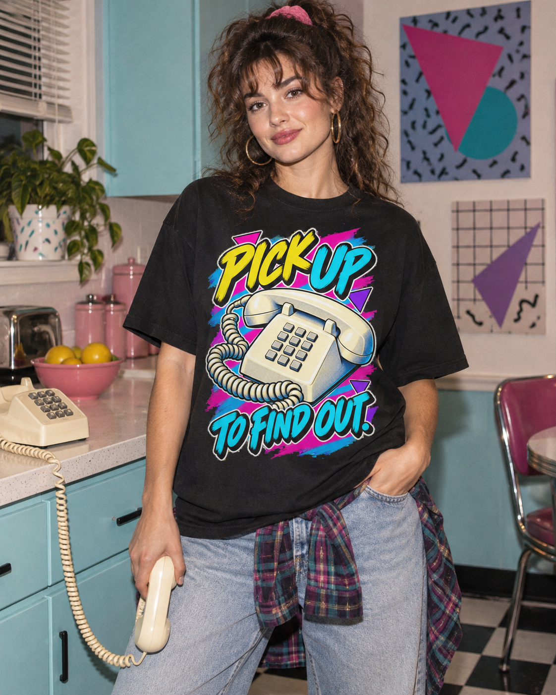 Lifestyle photo: Pick Up to Find Out T-Shirt | Retro Landline Phone Nostalgia on a Black T-shirt (Color: Black)