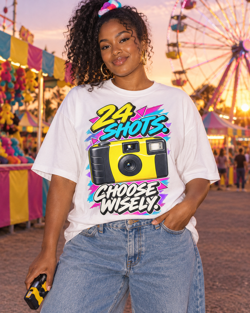 Lifestyle photo: 24 Shots Choose Wisely T-Shirt | Retro Disposable Camera Nostalgia on a White T-shirt (Color: White)