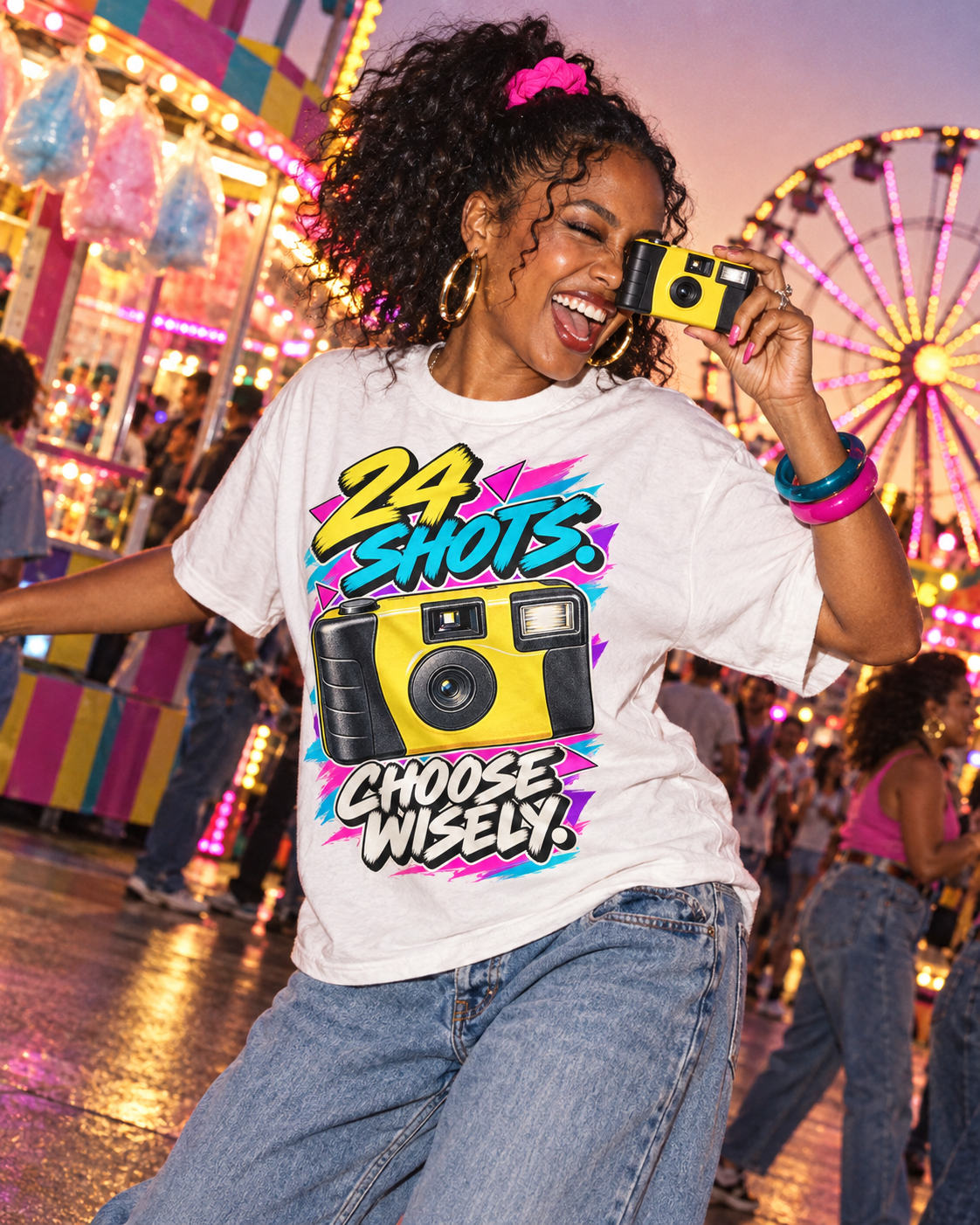Lifestyle photo: 24 Shots Choose Wisely T-Shirt | Retro Disposable Camera Nostalgia on a White T-shirt (Color: White)