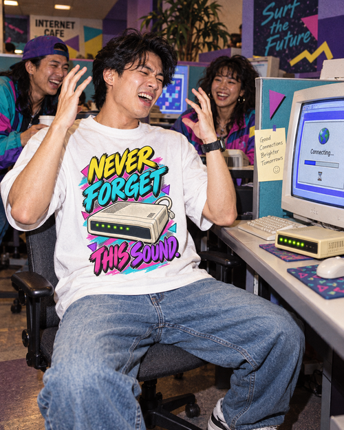 Lifestyle photo: Never Forget This Sound T-Shirt | Retro Dial-Up Modem Nostalgia on a White T-shirt (Color: White)