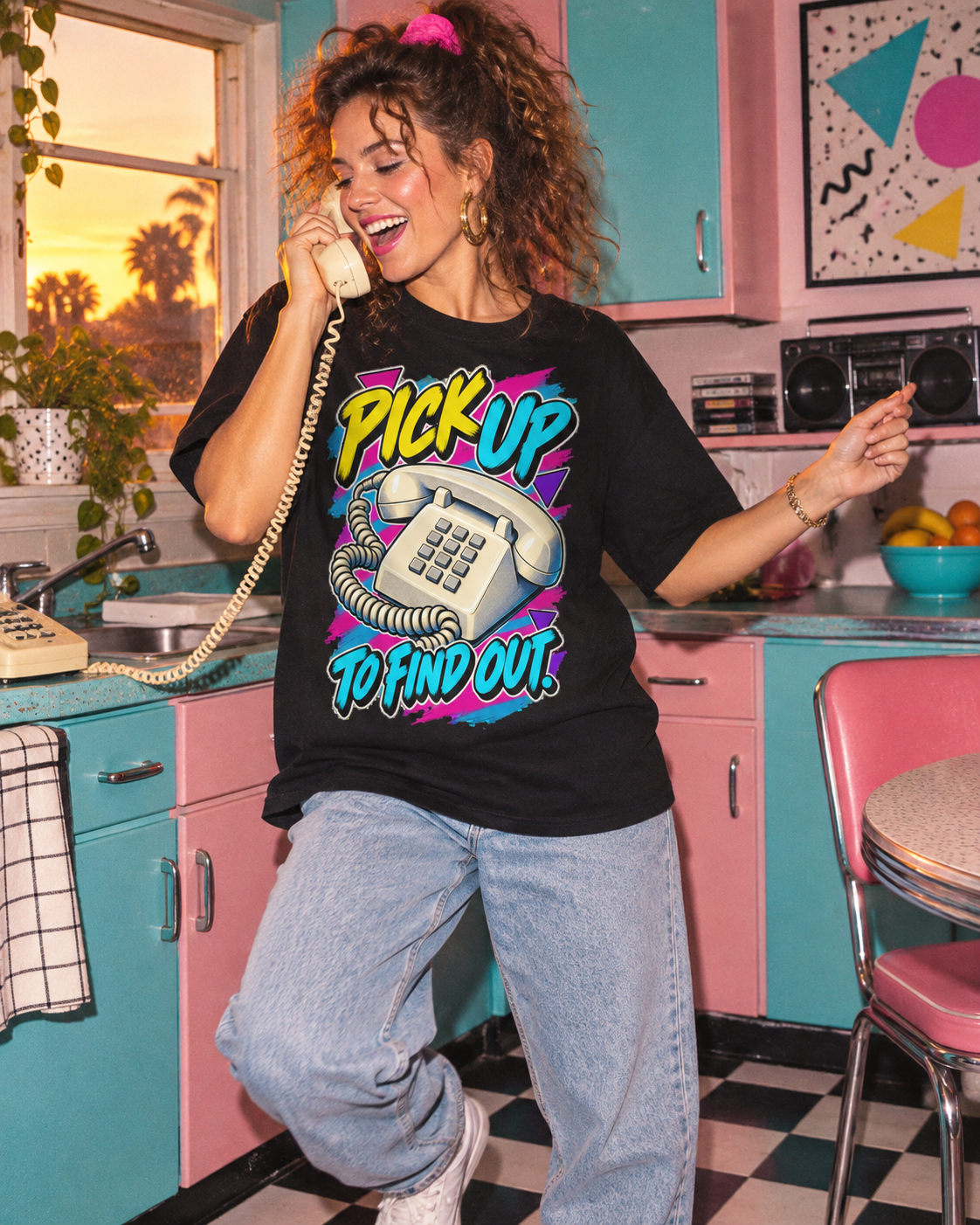 Lifestyle photo: Pick Up to Find Out T-Shirt | Retro Landline Phone Nostalgia on a Black T-shirt (Color: Black)