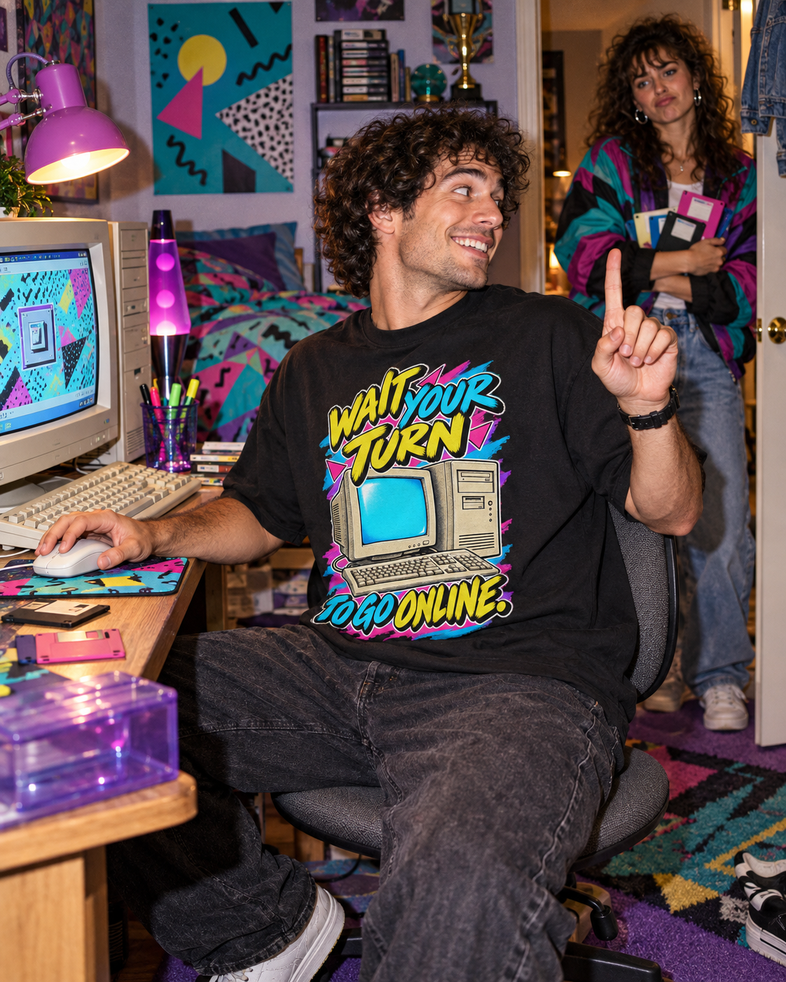 Lifestyle photo: Wait Your Turn to Go Online T-Shirt | Retro Family Computer Nostalgia on a Black T-shirt (Color: Black)