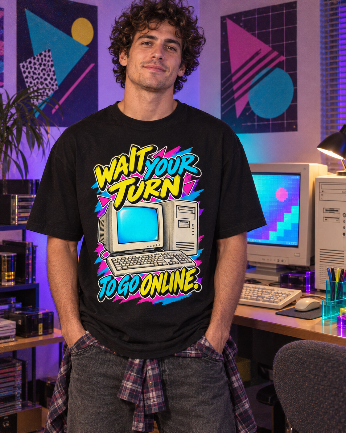 Lifestyle photo: Wait Your Turn to Go Online T-Shirt | Retro Family Computer Nostalgia on a Black T-shirt (Color: Black)