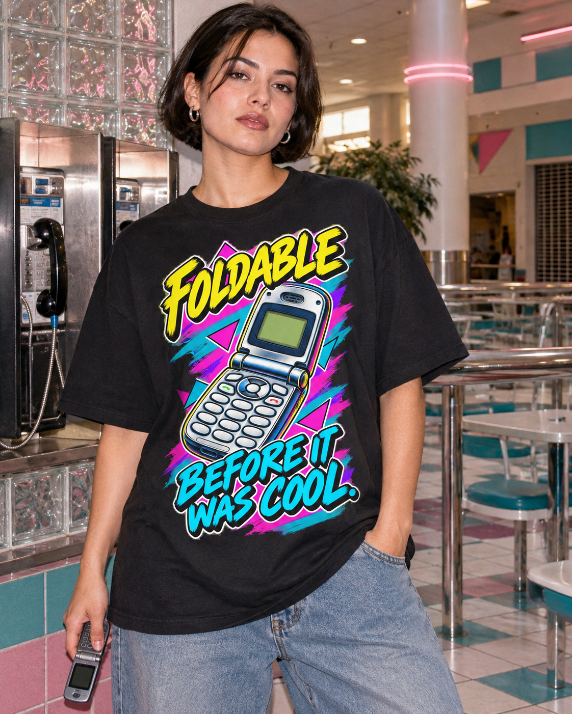 Lifestyle photo: Foldable Before It Was Cool T-Shirt | Retro Flip Phone Nostalgia on a Black T-shirt (Color: Black)