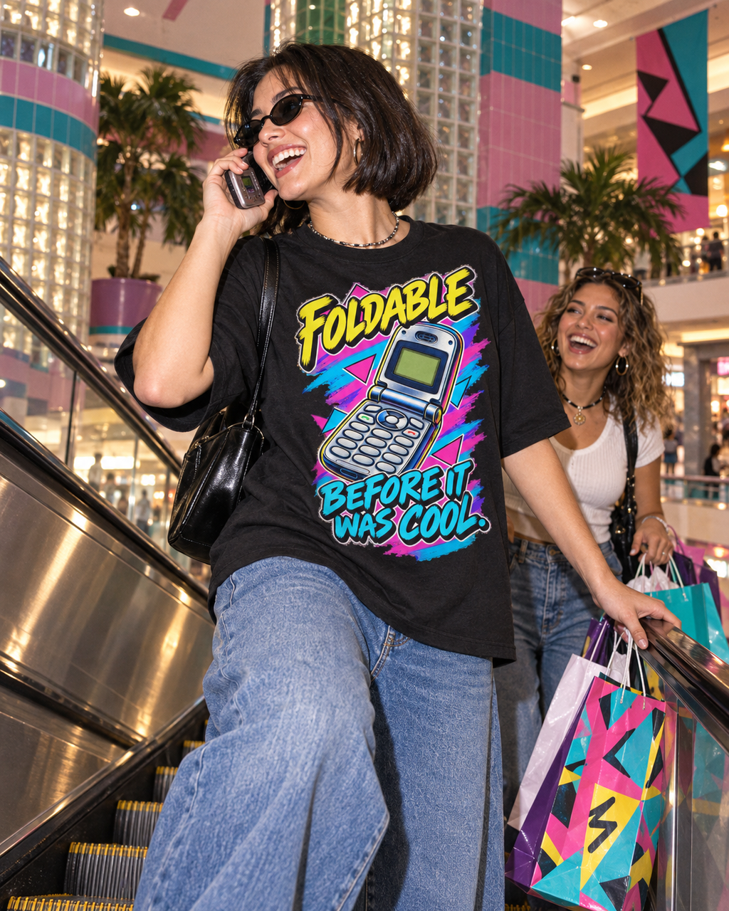 Lifestyle photo: Foldable Before It Was Cool T-Shirt | Retro Flip Phone Nostalgia on a Black T-shirt (Color: Black)