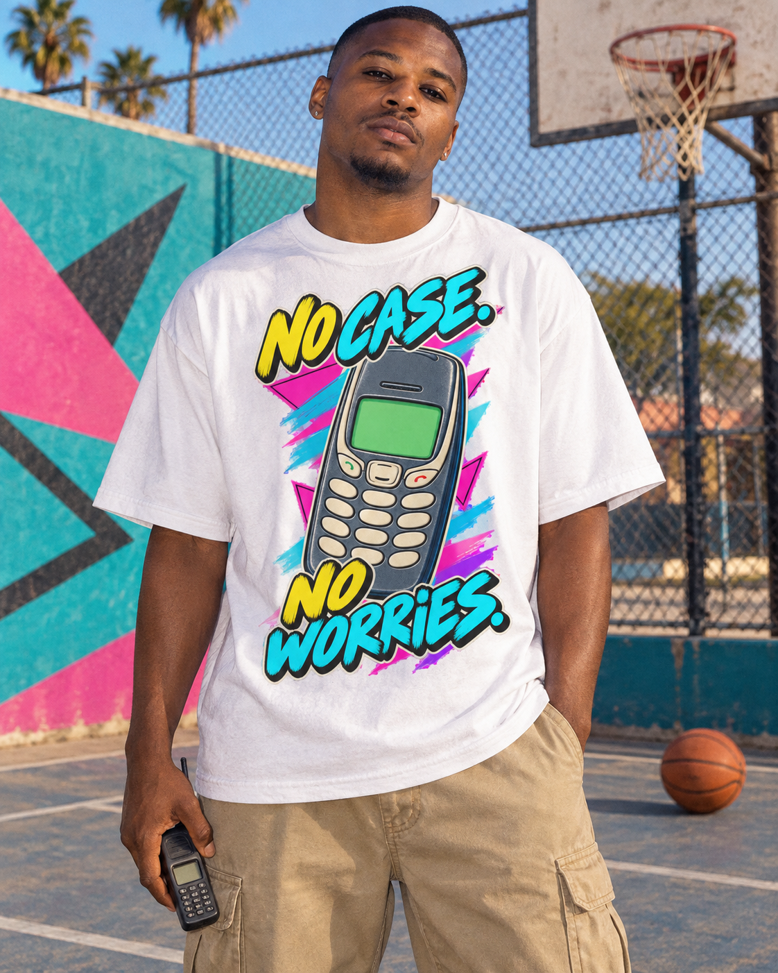 Lifestyle photo: No Case No Worries T-Shirt | Retro Mobile Phone Nostalgia on a White T-shirt (Color: White)